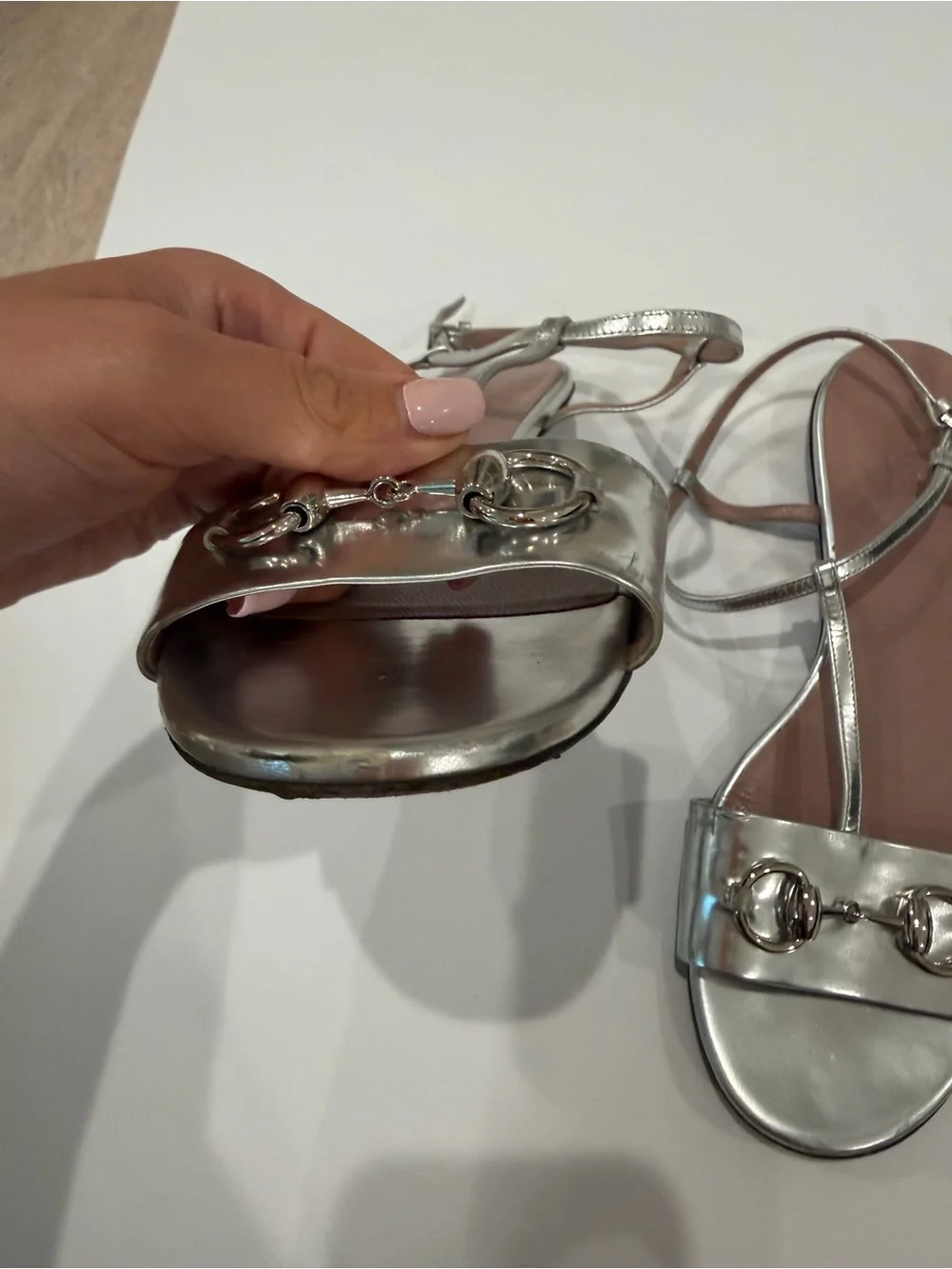 Gucci Silver Metallic Horsebit Strappy Sandals